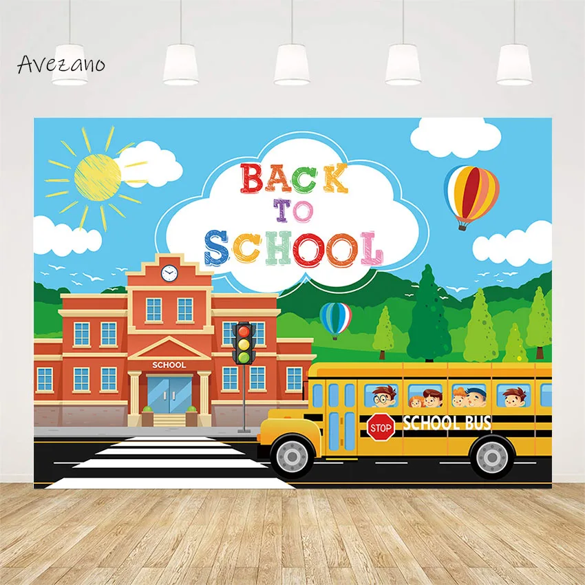 Avezano พื้นหลังสำหรับถ่ายภาพกลับไปที่ห้องเรียนรถบัสท้องฟ้าแสงแดดสีฟ้าเมฆงานเลี้ยงของเด็กฉากหลังของตกแต่งสตูดิโอถ่ายภาพ