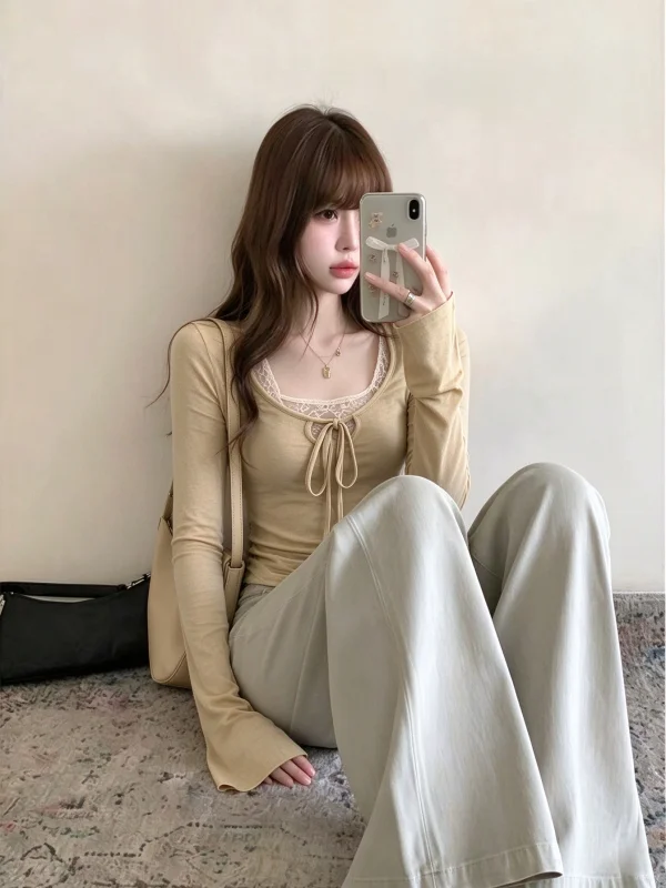 Korean Style Lace Long Sleeve Slim Fit Square Collar T-Shirt Women's Autumn Base Shirt Inner Wear High End Small Capital Top