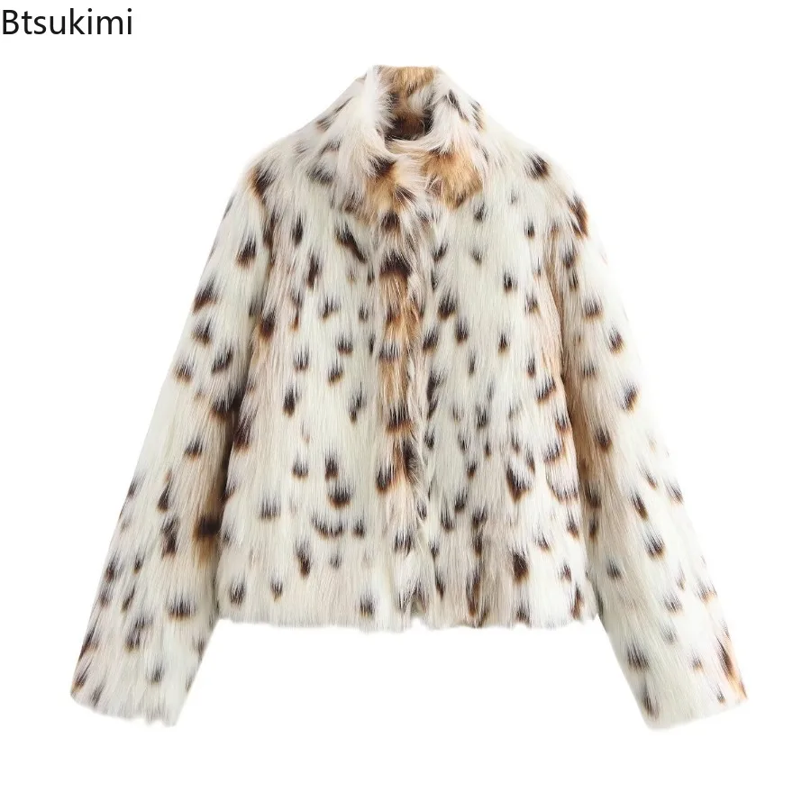Women's Autumn Winter Leopard Faux Fur Short Jacket Stand Collar Paneled Plush Warm Stylish Elegant Casual Lady Outerwear Coat