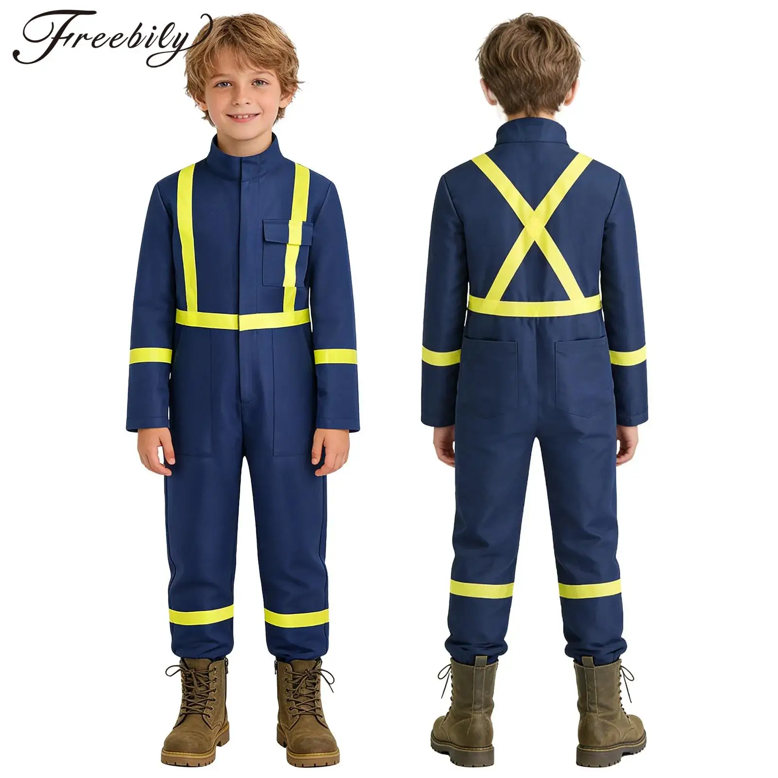 Boys Girls Reflective Coverall Mechanic Overalls Halloween Firefighter Cosplay Costume Long Sleeve Zipper Jumpsuit with Pockets