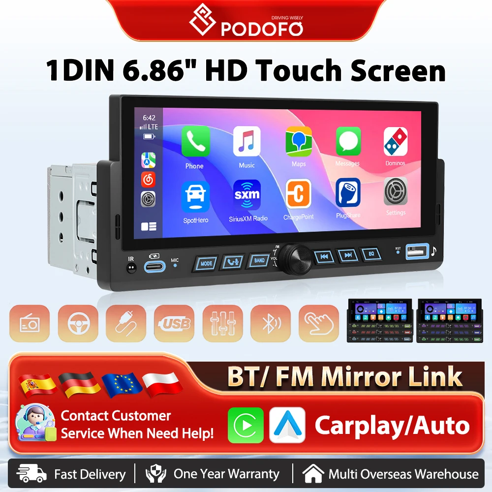 Podofo 1din 6,86 "Auto MP5 Player Carplay Android Auto Auto Multimedia Player Mirrorlink Lenkrad Steuerung Audio Stereo BT FM