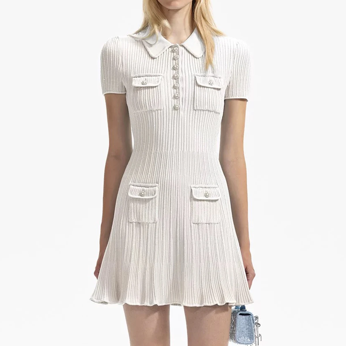 

Summer New Fashionable Solid Color Commuter Pocket Button Collar Short Sleeve Small Fragrant Knitted Short A-Line Dress