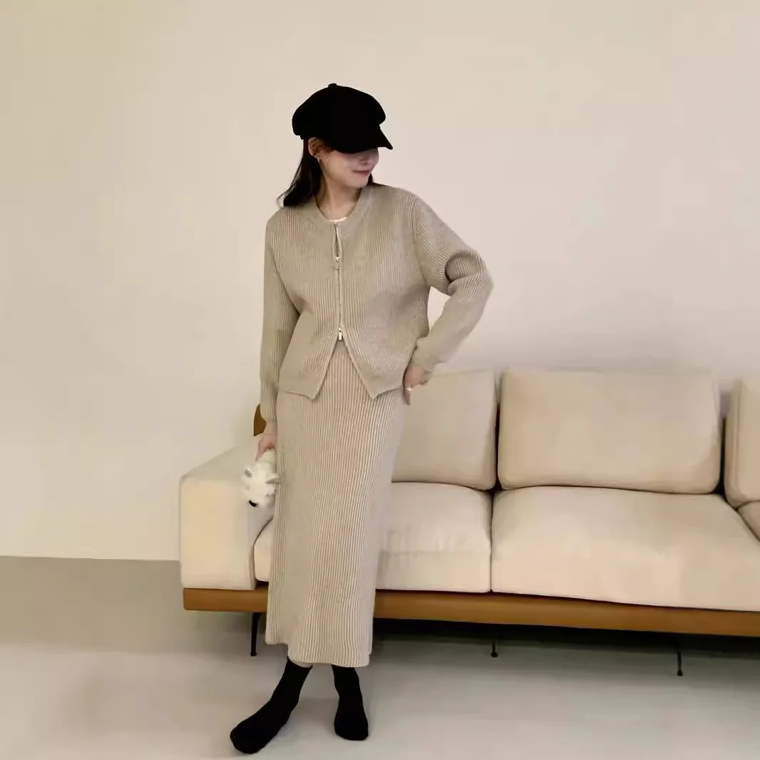 

Double Zipper Knit Cardigan Midi Skirt Set 2025 Autumn Winter Solid Color Casual Temperament Sweater Two-Piece Set for Women