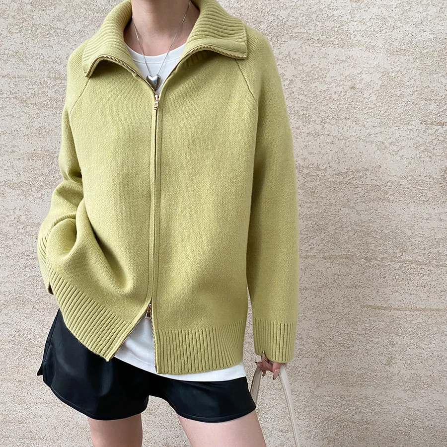 Women Autumn Turn Down Collar Thick Cardigans Coat Two Zipper Design Knitted Warm Sweater Women Winter Cape Clothes Tops