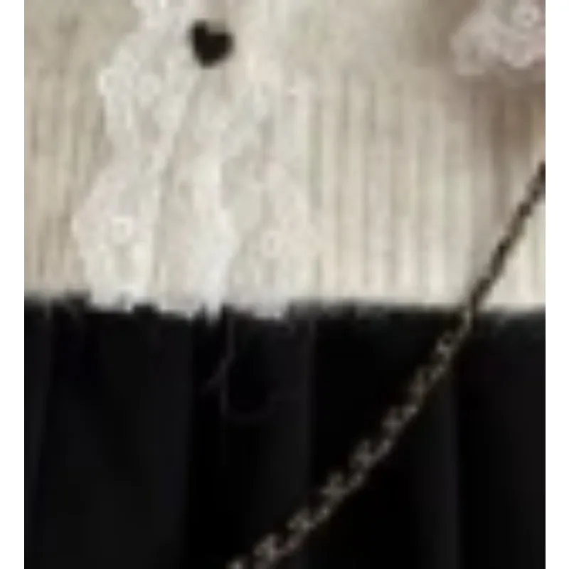 Women V Neck Lace Trim Knit Cardigan Heart Shape Button Long Sleeve Loose Sweater Coat
