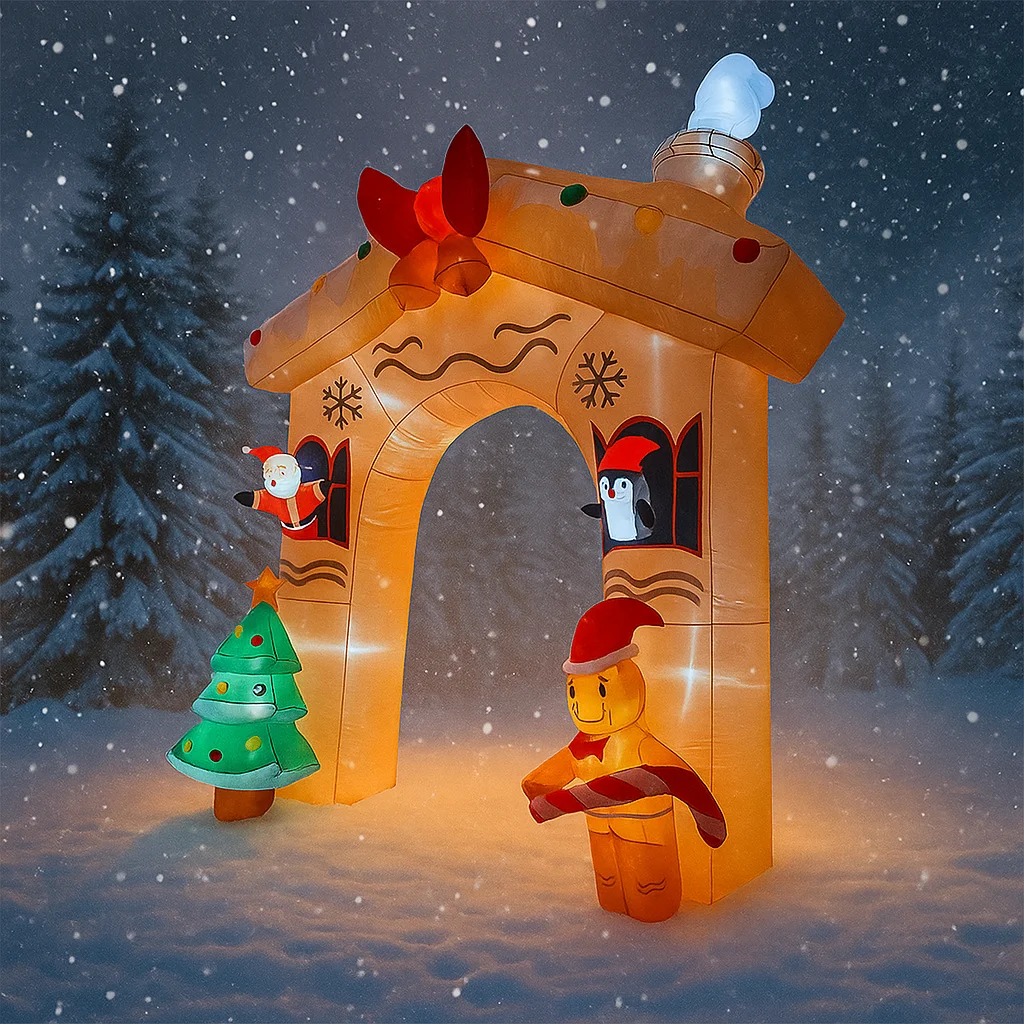 10,8 pies LED inflable Navidad patio arco decoración Santa pingüino hombre de jengibre suministros de Navidad juguete decoraciones para el hogar regalo ornamental
