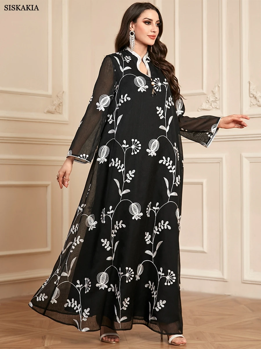 Siskakia Fashion Satin Abaya Floral Embroidery Notch Collar Dubai Moroccan Caftan For Women Kaftan Dress Robe Femme Musulmane