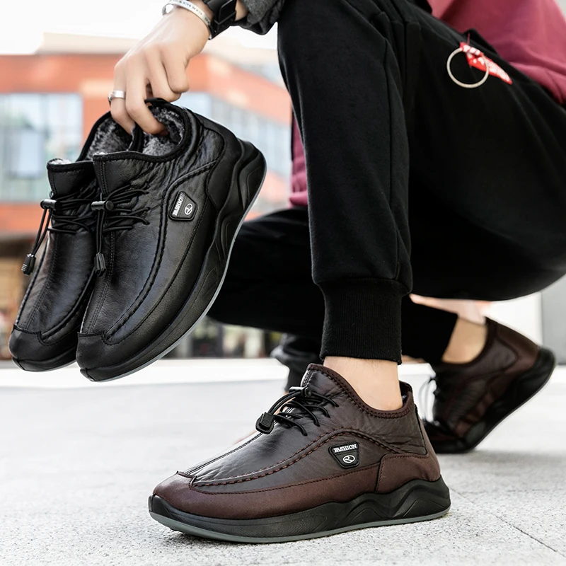 Winter Men\'s Snow Boots PU Leather Plush Boots Male Warm Causal Shoes Waterproof Ankle Boots Man Walking Hiking Trekking Sneaker
