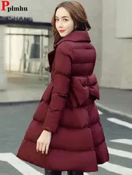 Warm Winter Thick Bow Cloak Long Parka Chaqueta Turndown Collar Parca Overcoat Jacket Elegant Snow Wear Coats Chamarras