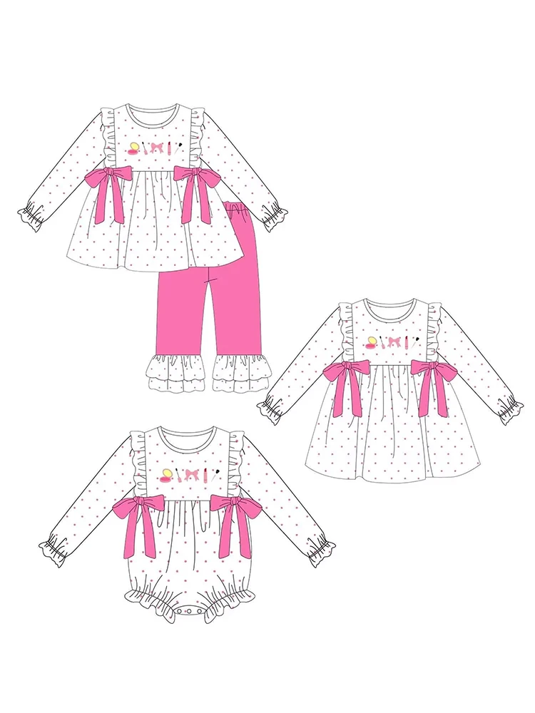 Girls Boutique Clothing Set Pink Dots Bodysuit And Dress Fashionable Kids Outfit Patterned Make-Up Design