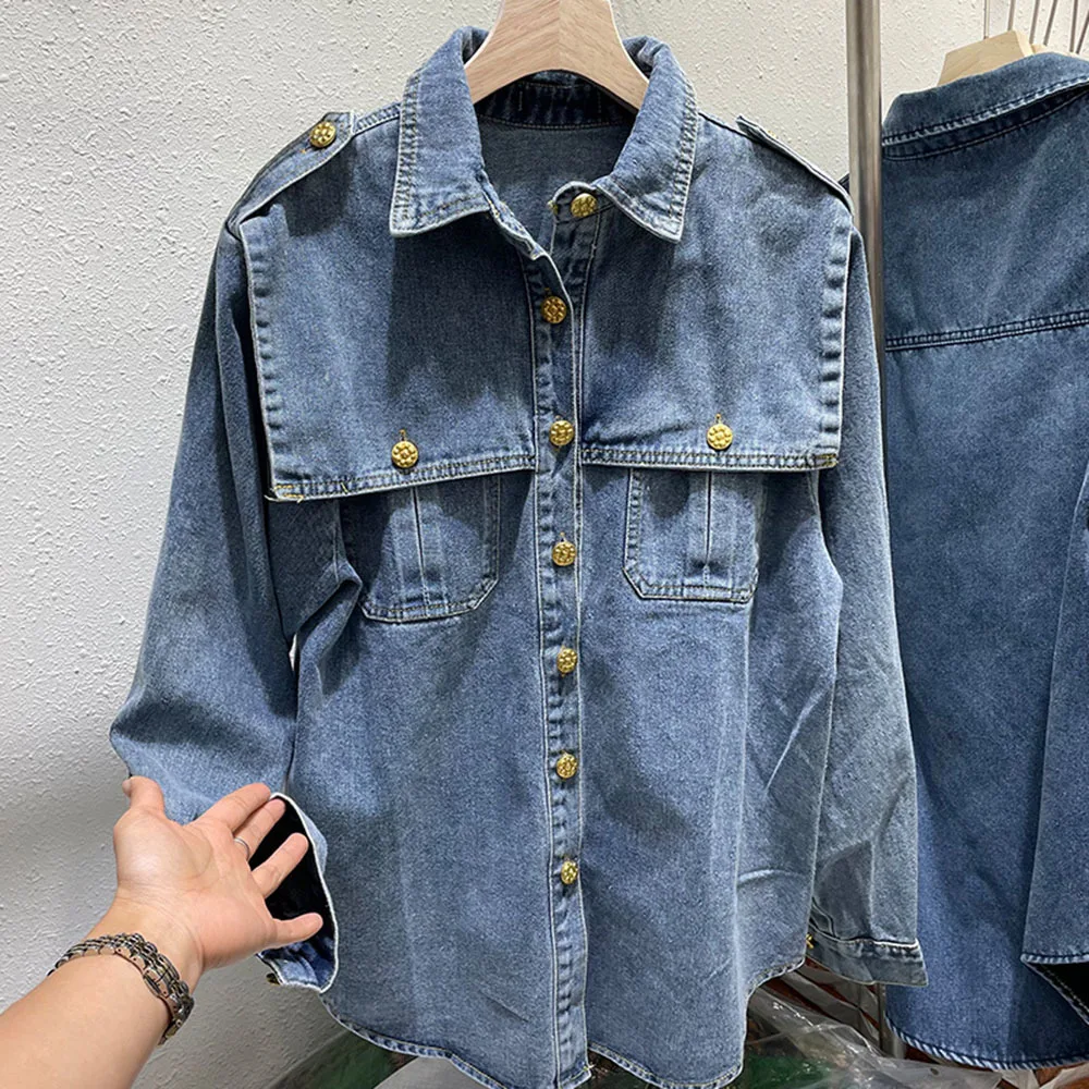 High Quality Fashion Women\'s Blouses And Shirts 2023 Runway Luxury Brand Denim Blouse Ladies Shirt Autumn Jean Women\'s Clothing