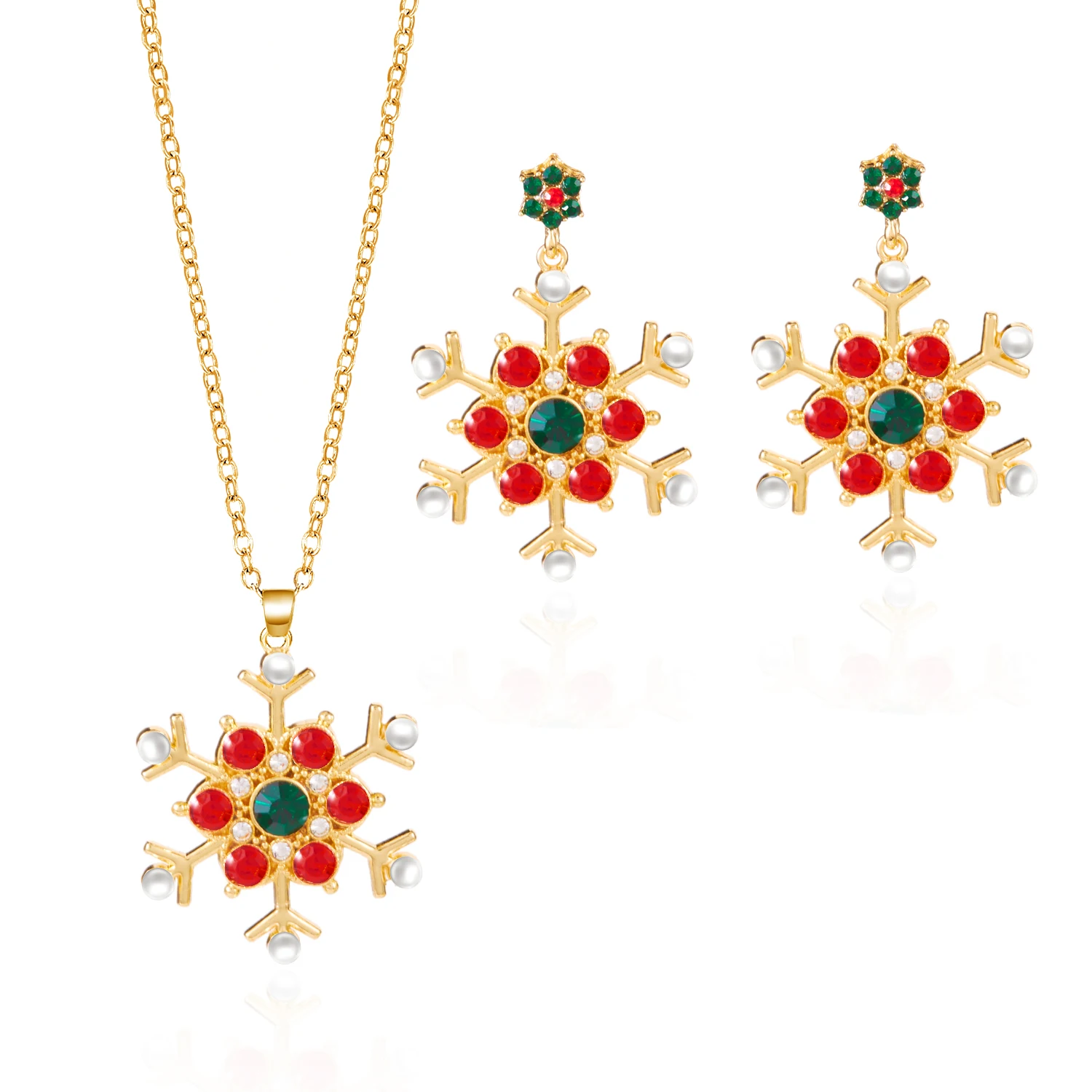 Modisches Weihnachts-Schneeflocken-Anhänger-Halsketten- und Ohrring-Set für Damen, Kristall-Zirkon-Perlen-Ohrhänger, Choker-Schmuck – Detail 7