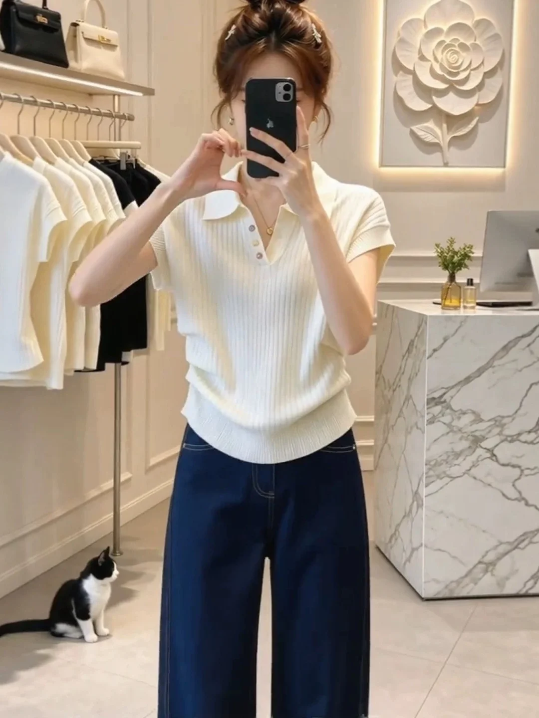 

Collar Knitted Short Sleeve T-Shirt Women's Summer New plus Size Flared Waist Slimming Regular Shoulder Top