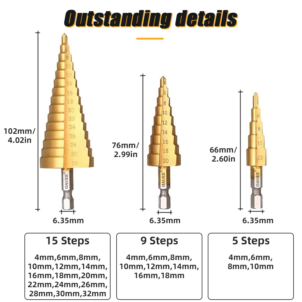 Drill Bit HSS Titanium Coated Step Drill Wood Set Power Tools for Metal High Speed Steel Hole Cutter Step Cone Center Drills