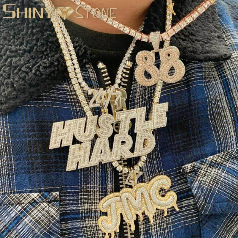 

2022 New Hot Fashion Custom Name Necklace Hustle Hard Letter Iced Out Bling 5A Cubic Zirconia Cz Paved Hiphop Rock Jewelry