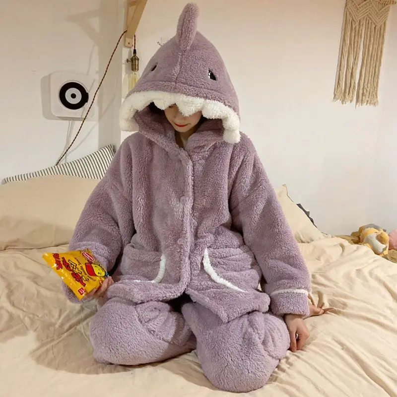 

Cartoon Homewear Set Winter Sweet Sleepwear New Fleece-Lined Nightwear Thicken Keep Warm Kawaii Coral Fleece Women's Pajamas