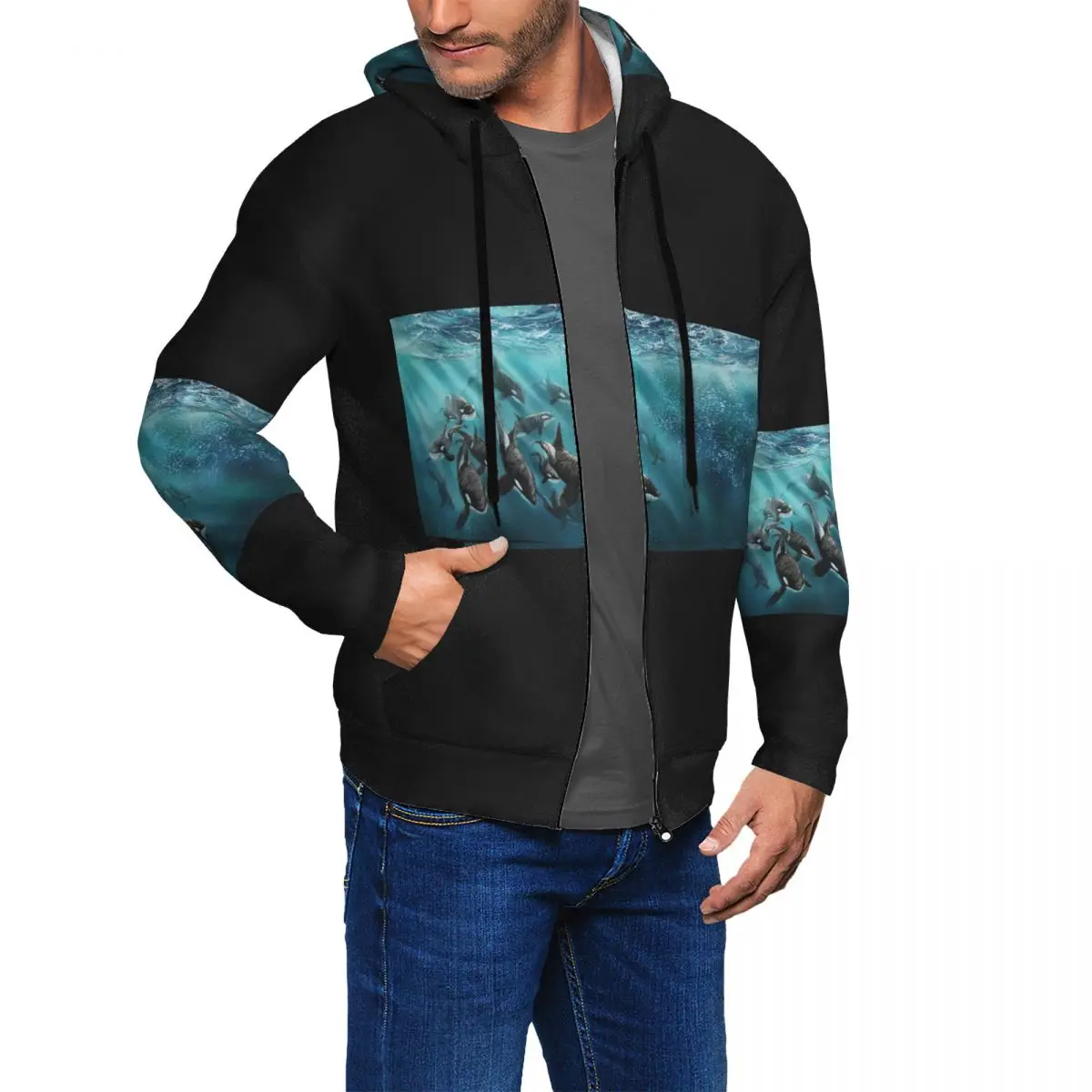 Bule Orca Whale Family Swimming In Sea Zipper Hoodies Hip Hop Pullover Autumn Winter Men Women Sweatshirt Long Sleeve Tops