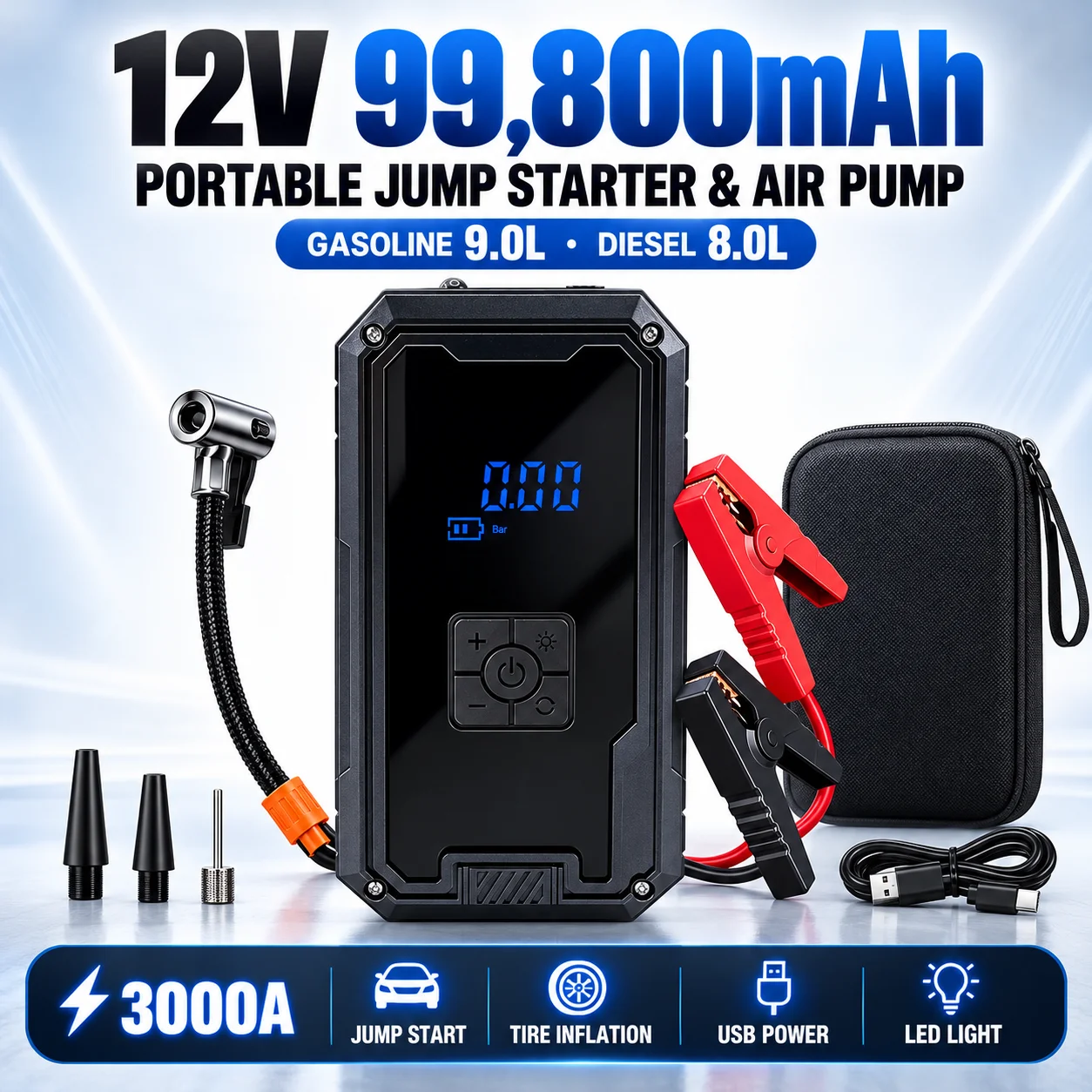 3000A 12V Car Jump Starter Air Compressor With Power Bank 99800mah Peak Portable Battery Starter 150PSI Air Pump With LED Light