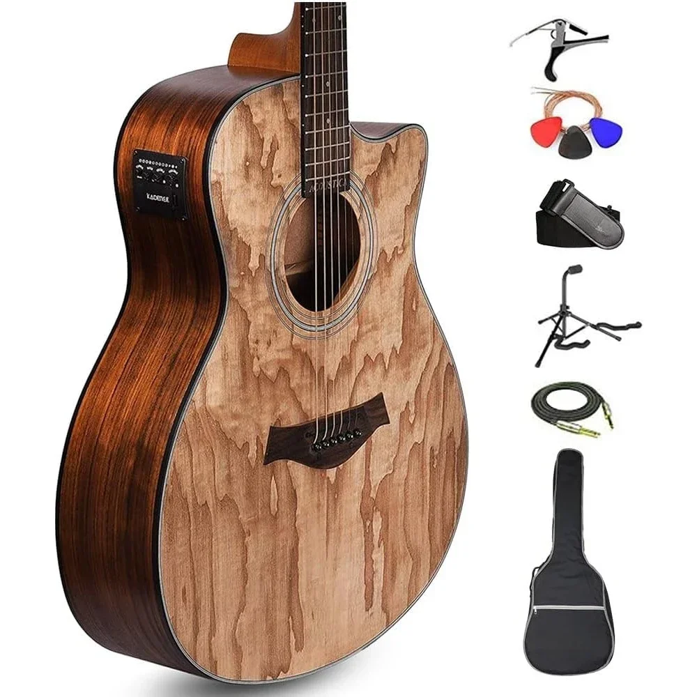 Electric Acoustic Guitar (Ash Wood) Semi Acoustic Guitar with Pickup, Inbuilt Tuner, Capo, Strings, Picks, Strap