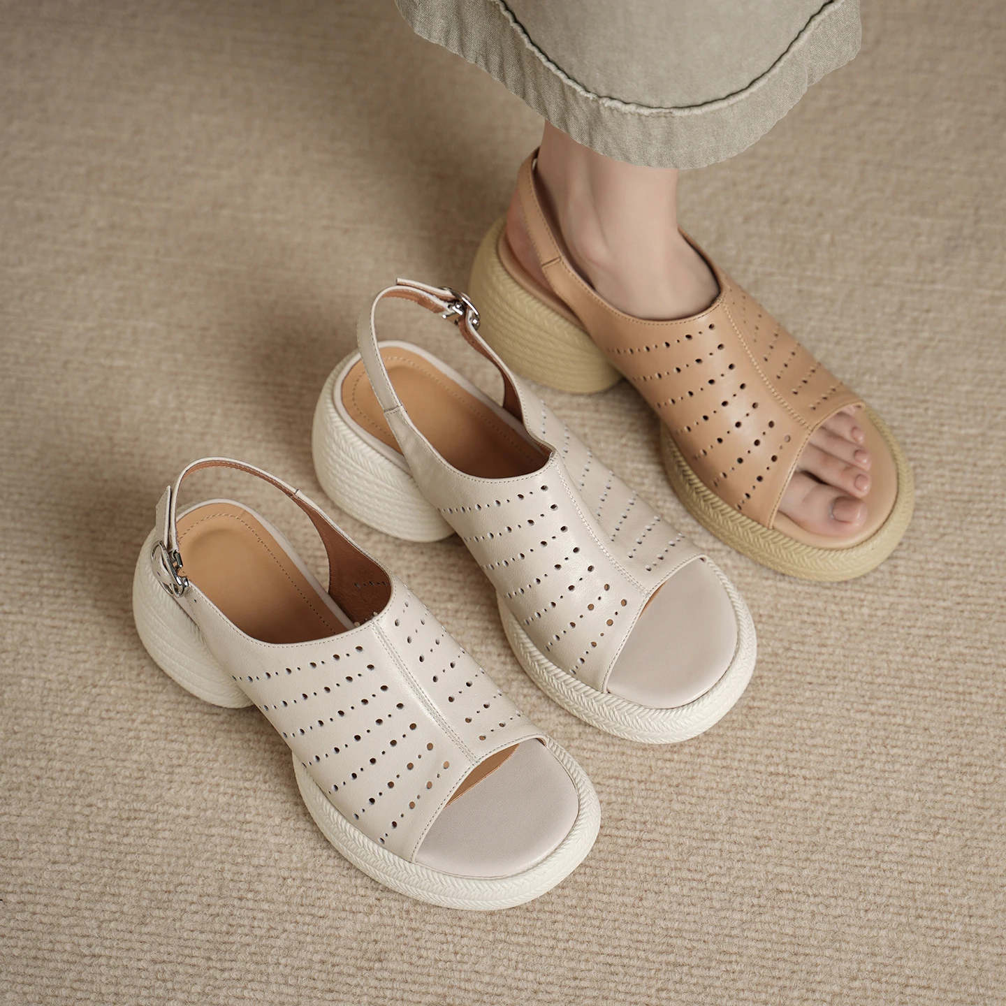 2026 new summer women sandals natural leather plus size 22-25cm cowhide+pigskin open toe buckle high heel women shoes fashion