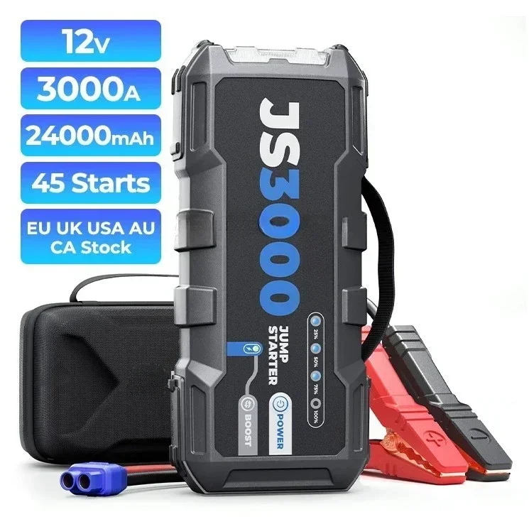 Factory JS3000 3000A Peak 24000mAh 12V 45 Starts Portable Emergency Auto Truck Car Battery Booster Power Bank Jumpstarter