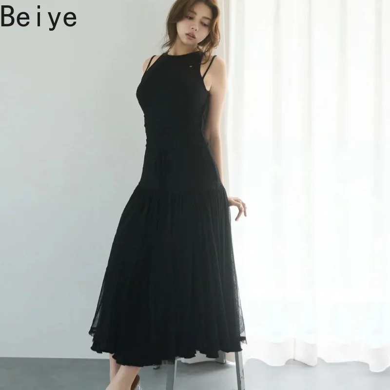 Double Layer Lace Sleeveless Long Dress Ladies Hollowed Out Crossed Lace-up Dresses High Waist Bodycon Dress for Women