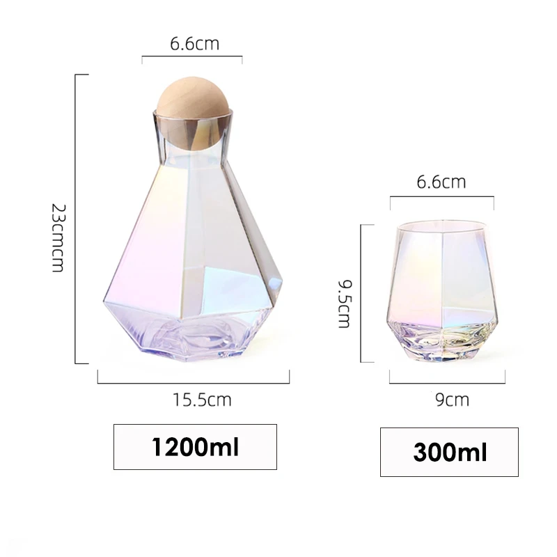 Nordic Diamond Shape Glass Water Kettle with Natural Wood Ball Lid Clear Cold Water Jug Juice Beverage Pitcher Home Drinkware