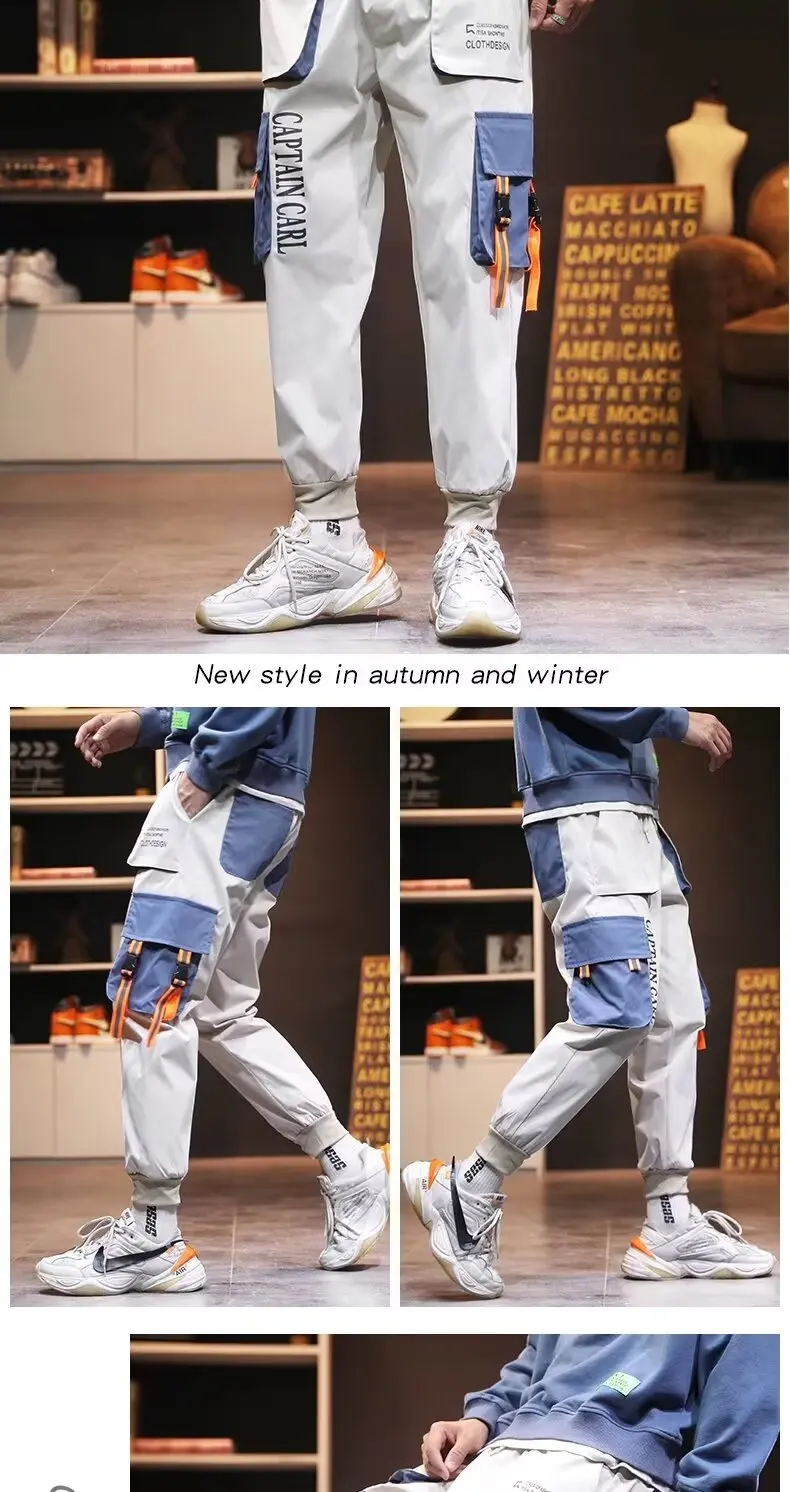 Multiple Pockets Cargo Pants Man Classic Foot-binding Trousers Solid Color Printing Letter Korean Fashion Streetwear Trousers