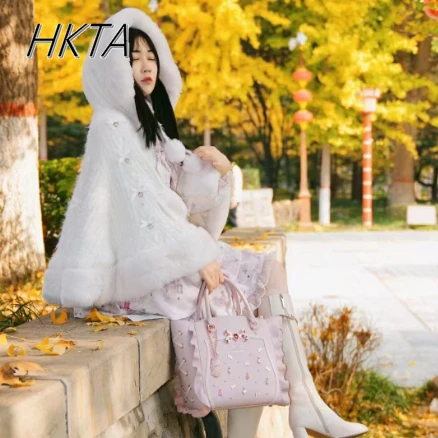 

Japanese Style Autumn and Winter New Hairy Knitted Cape Cute Girl Sweet Women's Thickened Warm Cloak Rhinestone Bow Poncho Cape