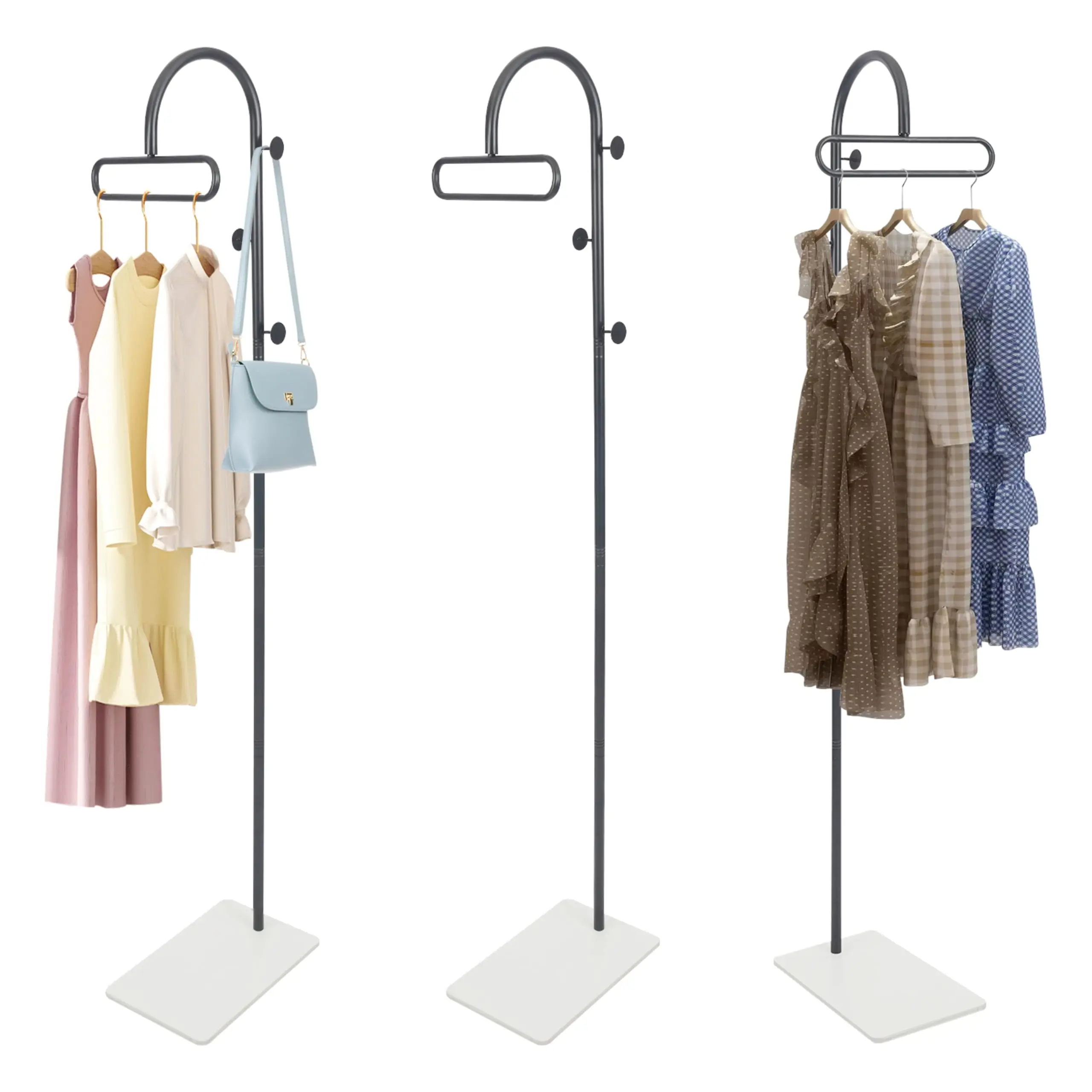 حامل رفوف المعاطف بطول 69 بوصة مع خطافات وقاعدة جانبية، منظم شماعات الملابس المعدنية الإبداعية، وشاح، حقيبة، قبعة، أحذية