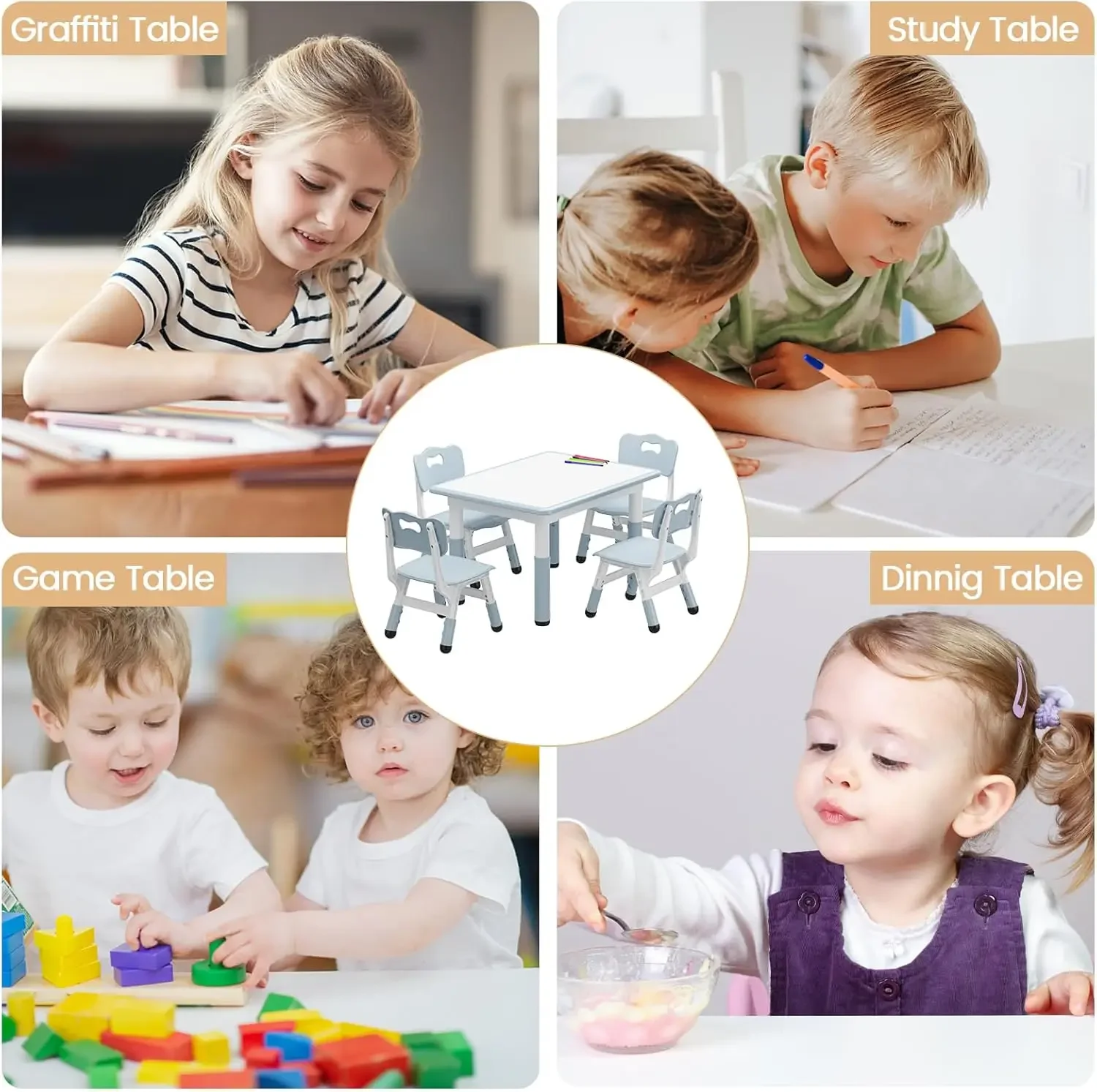 Height Adjustable Toddler Table and 4 Chairs Set for Ages 2-10, Graffiti Desktop, Non-Slip Legs, Arts & Crafts Table, Children A