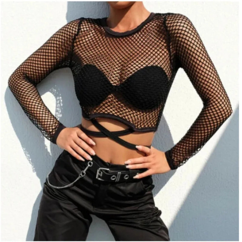 Sexy Grid Hollow Out Cross Strap Bare Midriff T Shirt Women Long Sleeves Bottoming Shirt Ladies Tee Shirt Tops Camisetas Mujer