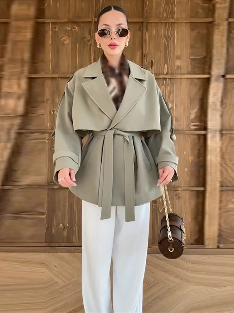 

Модное однотонное женское пальто с поясом, повседневное, свободное, шикарное, с карманами, двубортное, с отложным воротником, весенне-осенняя одежда