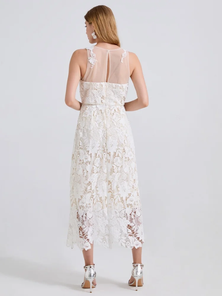 High Quality Lace Hollow Out Mesh Spliced O-Neck Summer Dress Women's Sleeveless Embroidery Water-Soluble Runway Long Dresses