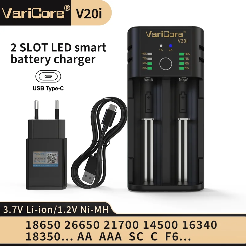 

VaraCore V20i 3.7V Lithium Ion 1.2V NIMH AA AAA Battery 5V 2A Type-C Dual Slot LED Smart Battery Charger Overshoot Protection