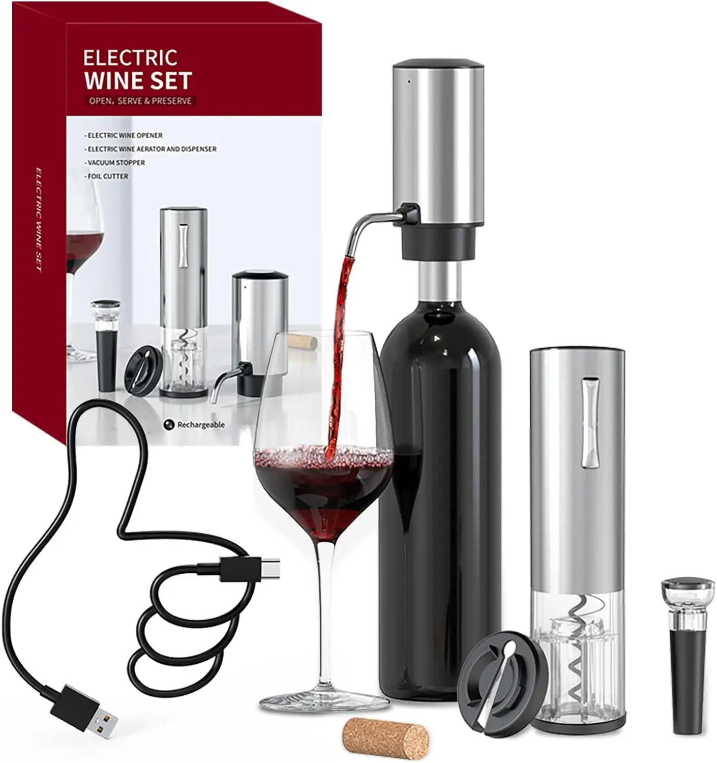 

Electric Wine Opener Set with Rechargeable Aerator, Foil Cutter & Vacuum Stopper - Perfect Gift for Wine Enthusiasts