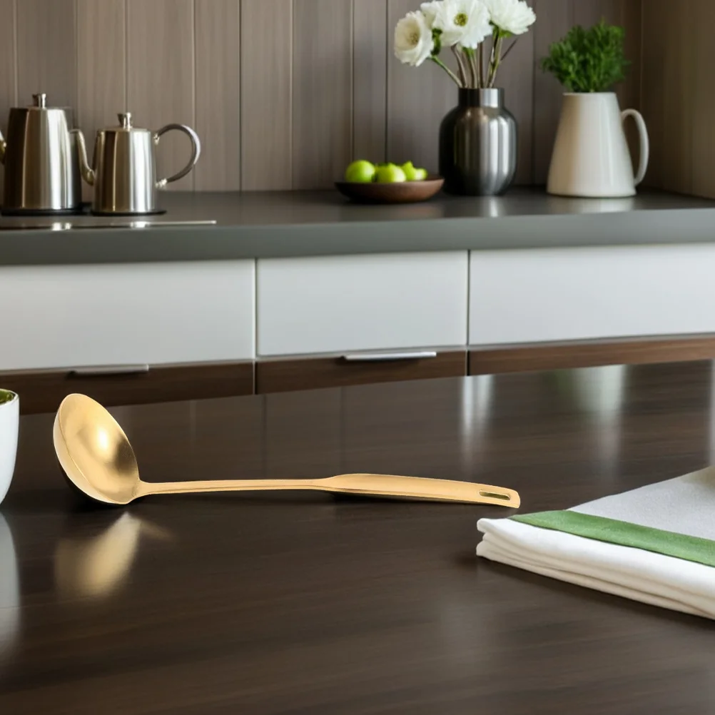 

2Pcs Stainless Steel Soup Ladle Golden Thickened Heavy Duty Cooking Utensil for Hot Pot Porridge Soup Serving Kitchen Tools