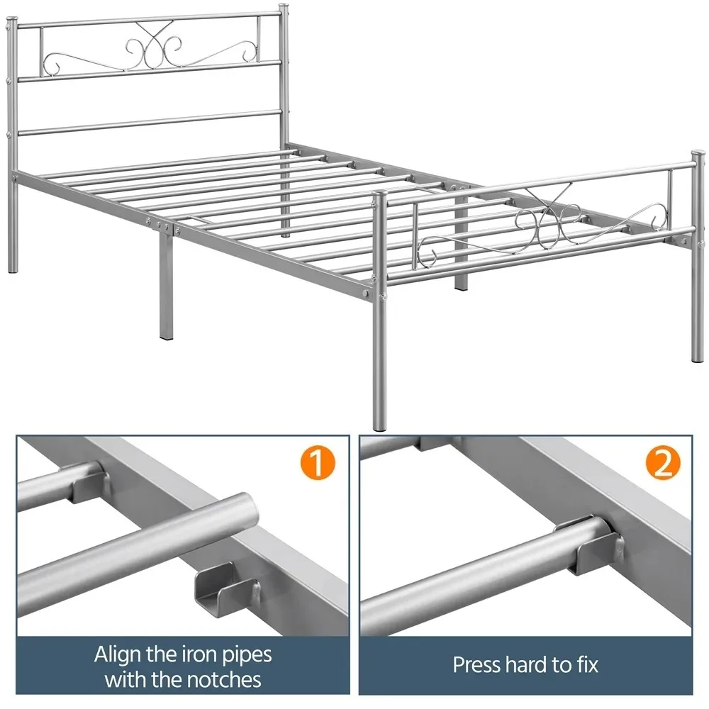 2023 New Easyfashion Modern Scroll Metal Platform Bed, Silver