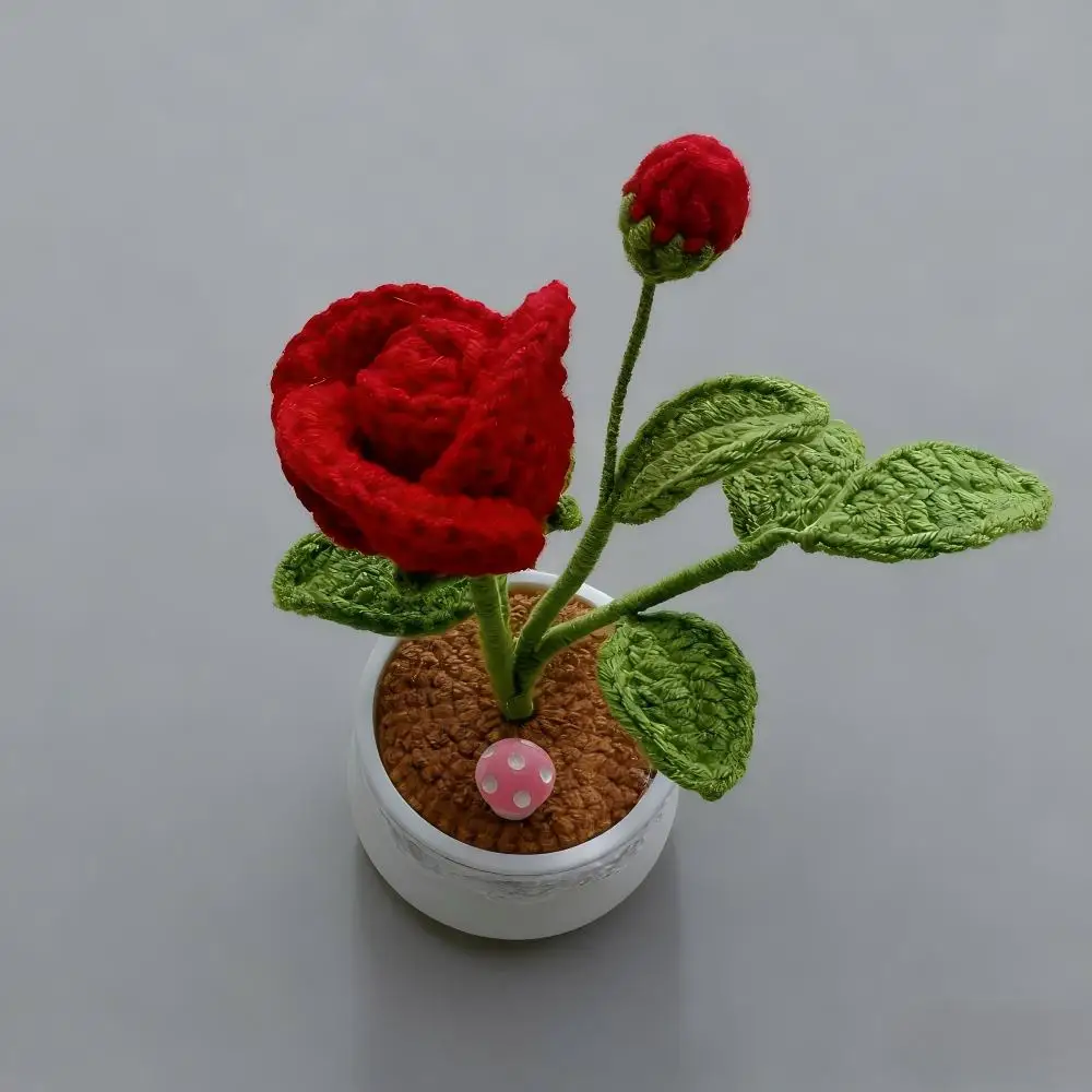 Handmade Crochet Small Rose Potted Simulation Flower for Home Wedding Decoration Creative Artificial Flower Arrangement