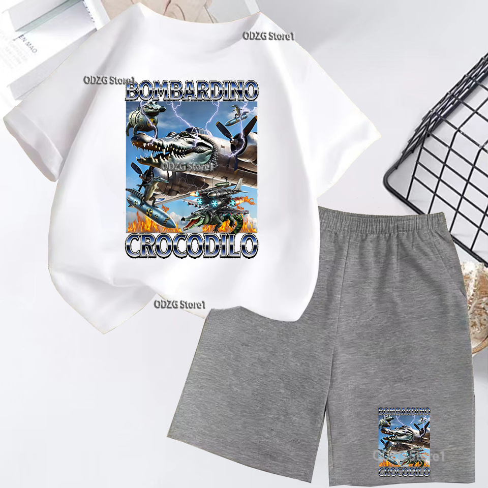  Italian Brainrot Kids T-shirt+shorts Pant Suit Cotton Children Short Outfits Fashion Tung Sahur Casual Boys Clothes Shorts Sets 