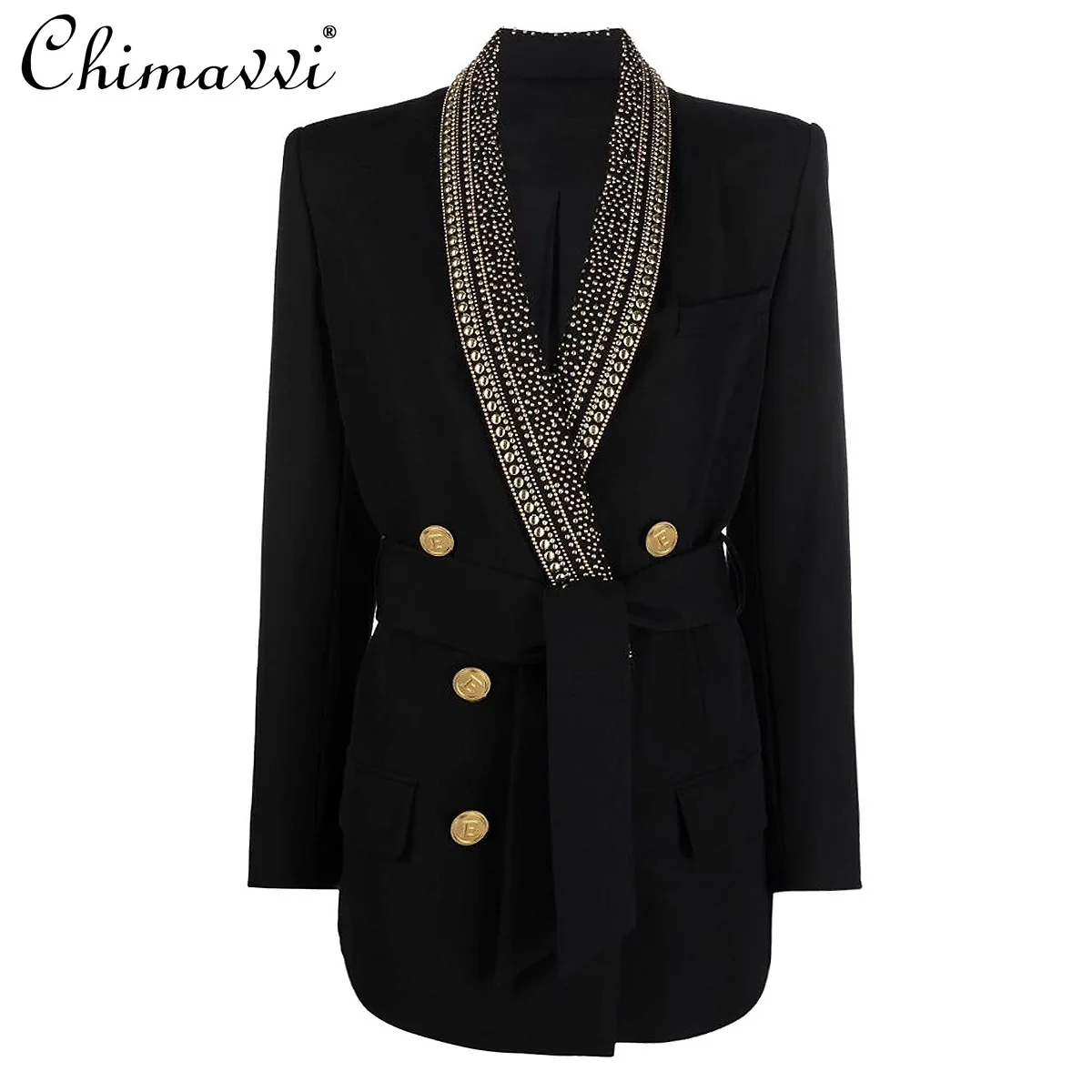

2025 Autumn New Fashion Bronzing Film Belt Medium and Long Women's Blazer Commuter Temperament Long Sleeve Black and White Suit
