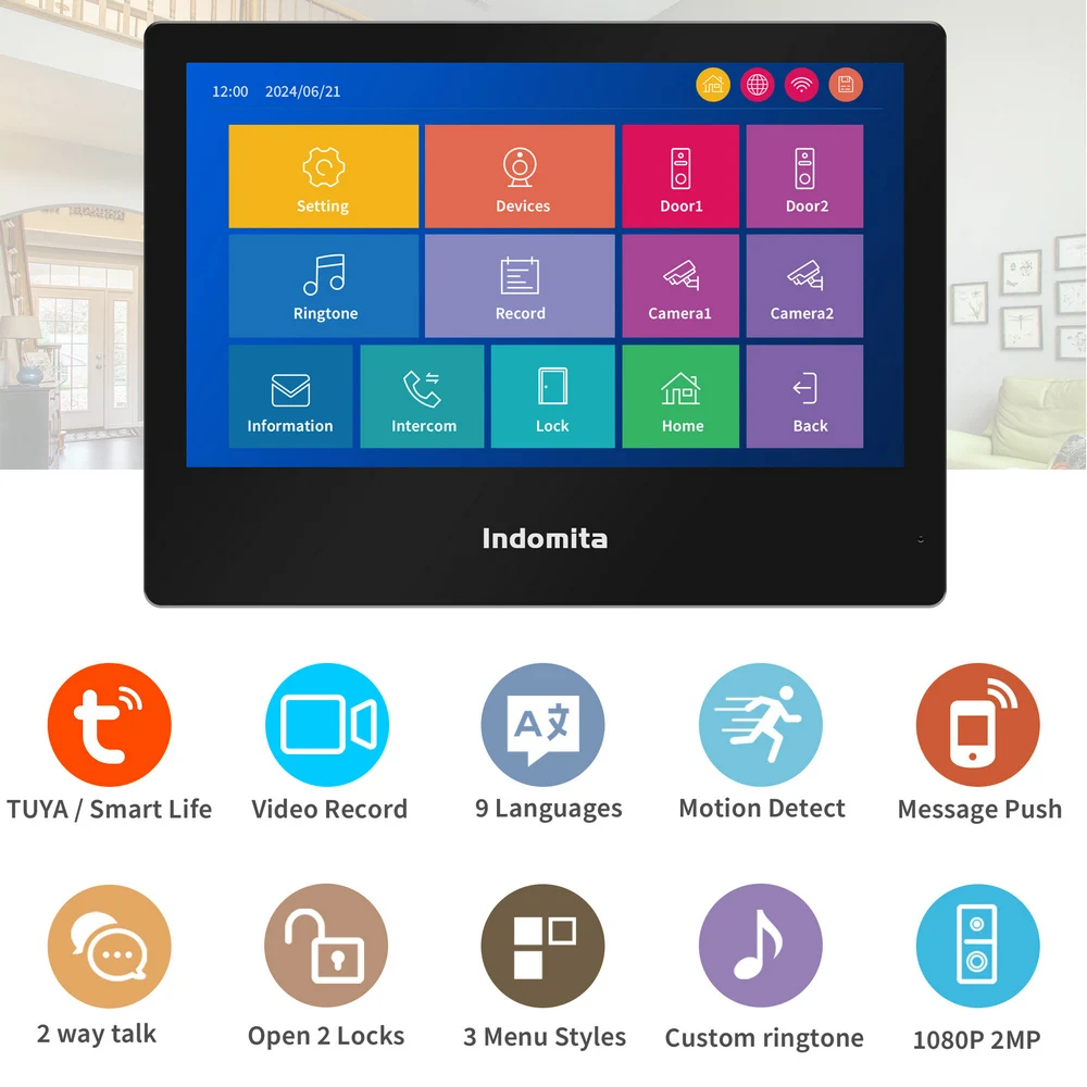 Indomita Tuya Smart Home WiFi Intercom System,Outdoor Video Doorbell Camera 1080P Wired,10 Inch Touch Screen,Talk,Record,Unlock