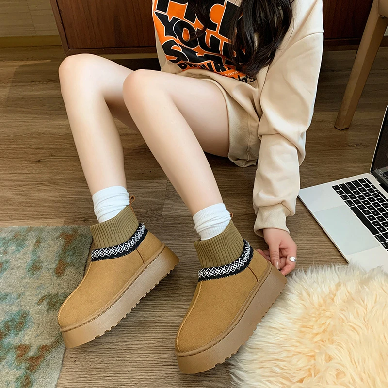 Women\'s Fashion Flat Snow Boots Winter New Round Head Suede Splicing Type Anti-slip Wear-resistant Thick Sole Cotton Boots