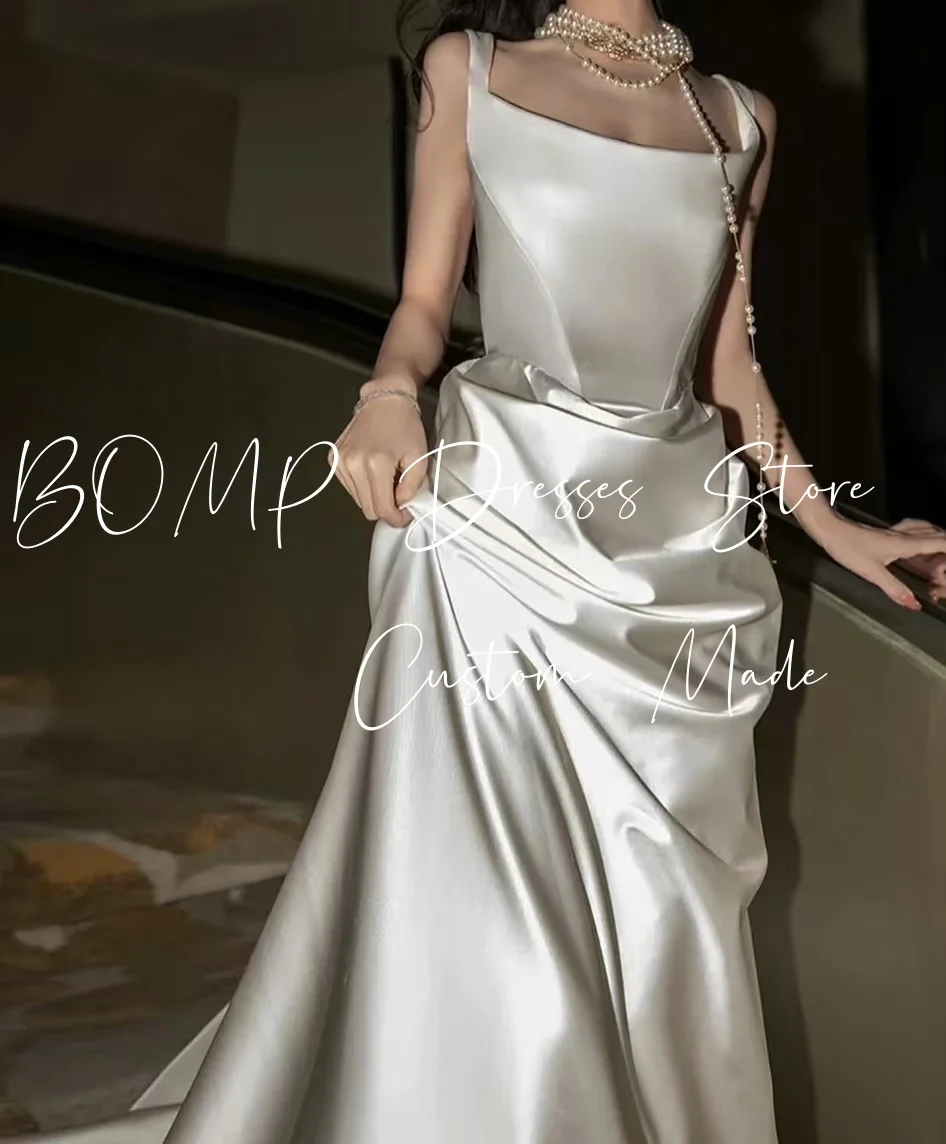 BOMP elegante vestido de novia drapeado correa de espagueti A-Line tren de barrido tafetán ocasión especial vestido de fiesta de noche personalizado
