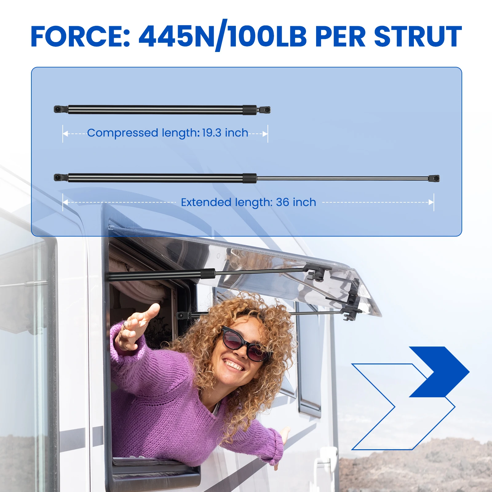 

OE C16-15953 2Pcs 36Inch Max 100lb Gas Struts For Heavy Duty Lid, Trap Door, Snowmobile Trailer, Tonneau Cover