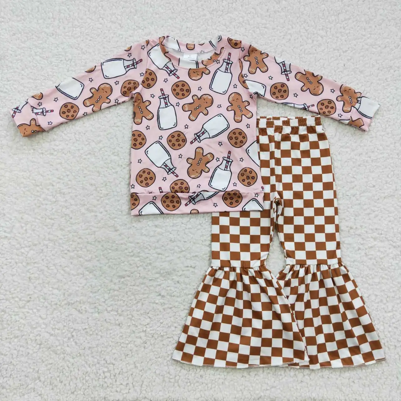 2​023 New Design RTS Boutique Girls Ginger Sets Toddler Christmas Cookies Clothes Baby Checkered Outfits