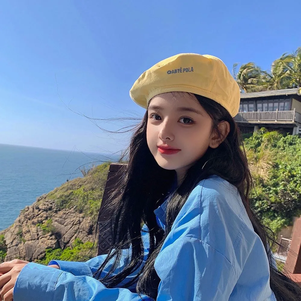 عادية منقوشة على الوجهين قبعة بلون شقة قبعة صغيرة للنساء قبعة الرسام قبعة اليابانية مثمنة قبعات الطالب #4