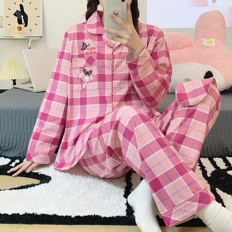 Sanrio My Melody Kuromi Cinnamoroll Retro College Style Pajamas Girls Spring And Autumn Cotton Long-Sleeved Leisure Home Suit