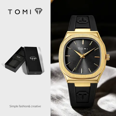 TOMI 2026 New Fashion Men's Quartz Watch Simple Square Dial Rubber Strap Waterproof Analog Wristwatch