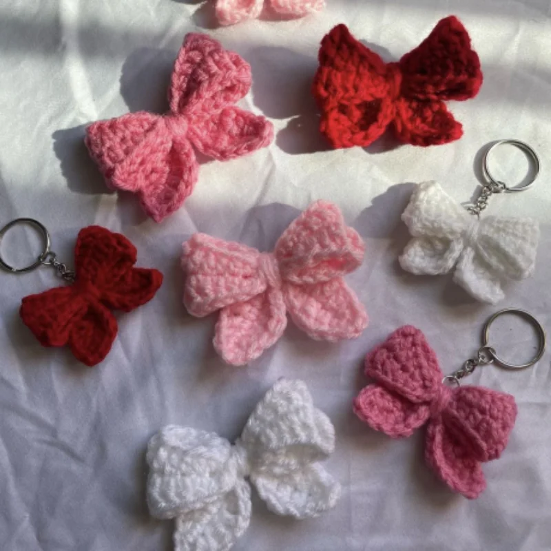 

Pure Handmade crocheted bow keychain pendant multiple solid color bow pendant Creative Finished Art and Crafts bow keychain